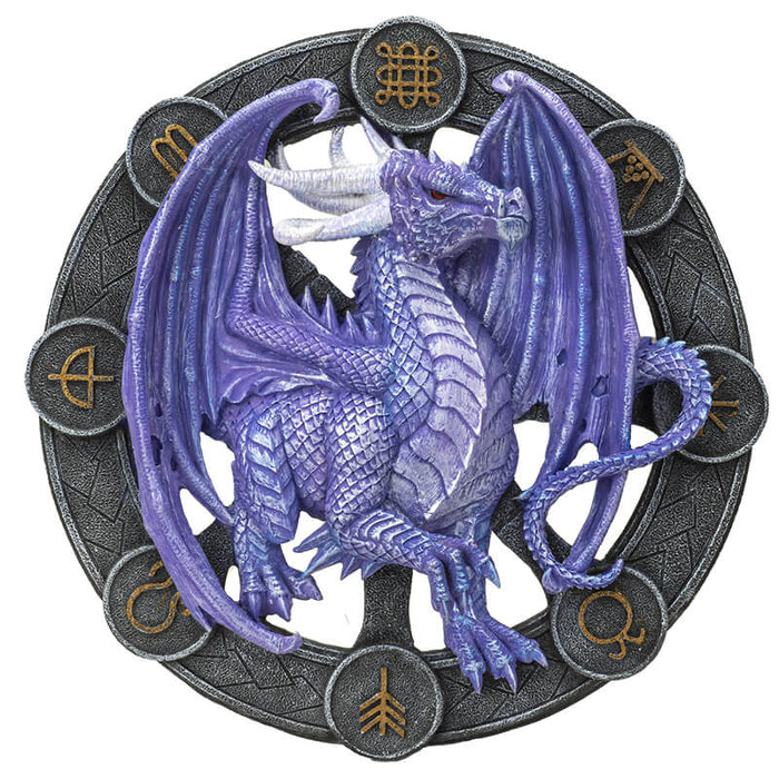 Purple Samhain dragon on a black wheel with gold symbols
