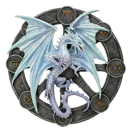 Icy blue silver dragon representing Yule on a black wheel with gold symbols