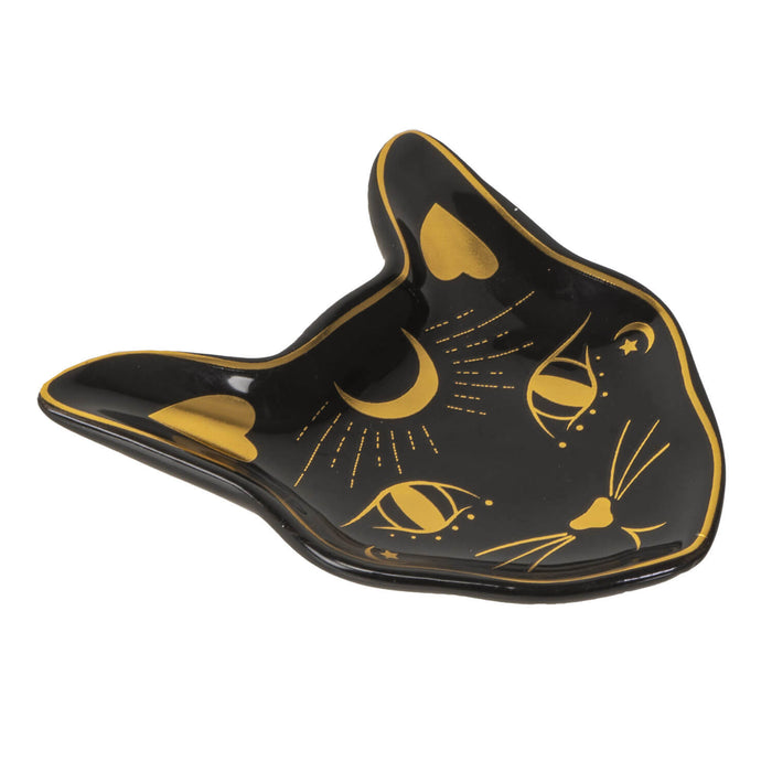 Trinket dish - black cat head shape with golden accents