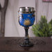 Goblet with stainless steel insert showing black horse with gold celestial designs on blue background