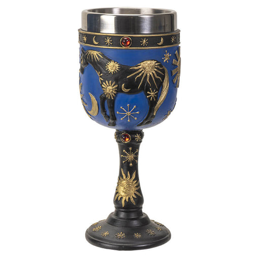 Goblet with stainless steel insert showing black horse with gold celestial designs