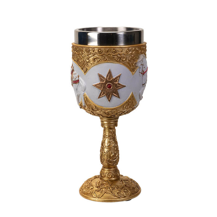 Goblet with stainless steel insert featuring a white horse with golden tack and ornate gold accents and stars