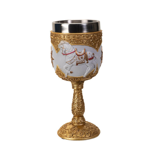 Goblet with stainless steel insert featuring a white horse with golden tack and ornate gold accents