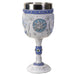 Goblet with stainless steel insert featuring a white horse with blue accents and silver snowflakes, jewels on the drinkware's stem. Silver poinsettia accents