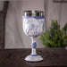 Goblet with stainless steel insert featuring a white horse with blue accents and silver snowflakes, jewels on the drinkware's stem