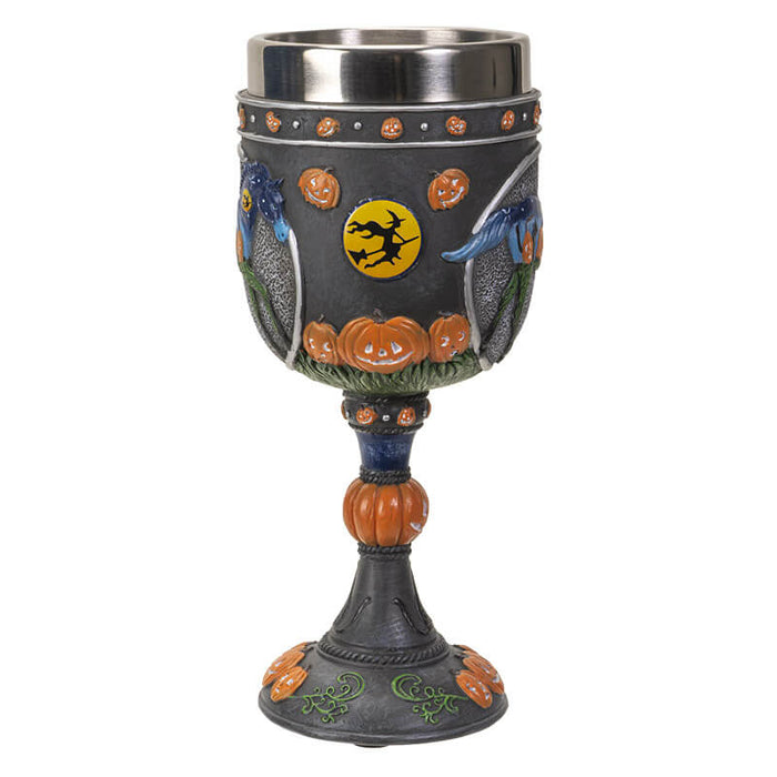 Goblet with stainless steel insert showing a horse with a pumpkin patch scene and more jack o lanterns, and witch flying past a moon
