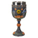Goblet with stainless steel insert showing a horse with a pumpkin patch scene and more jack o lanterns, and witch flying past a moon