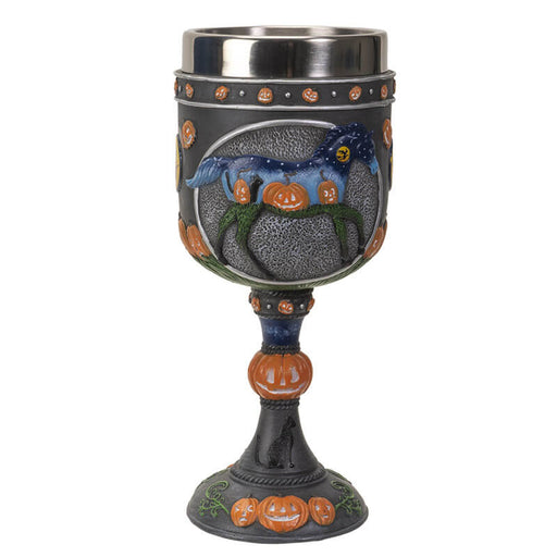 Goblet with stainless steel insert showing a horse with a pumpkin patch scene and more jack o lanterns