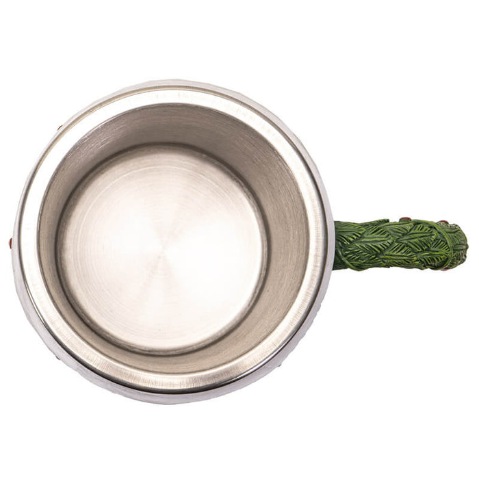 Stainless steel insert for tankard mug showing leaf handle