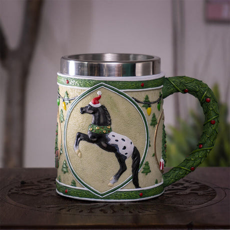 Tankard mug with stainless steel insert featuring an appaloosa horse in black and white with santa hat and wreath, surrounded by Christmas trees