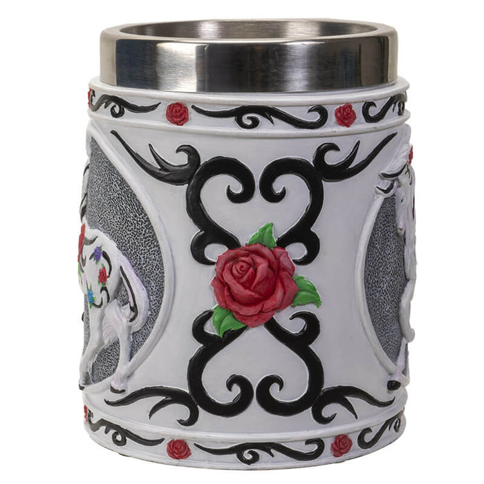 Tankard mug with stainless steel insert, white horse with red rose and black tribal designs, closeup of swirls and flower