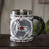 Tankard mug with stainless steel insert, white horse with red rose and black tribal designs