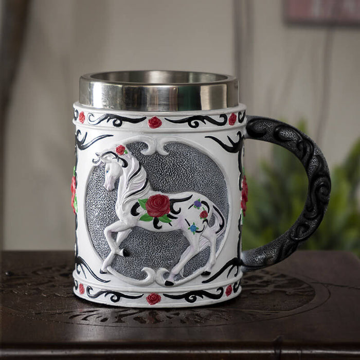 Tankard mug with stainless steel insert, white horse with red rose and black tribal designs