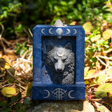 Backflow incense burner in blue with grey wolf and silver moons motif