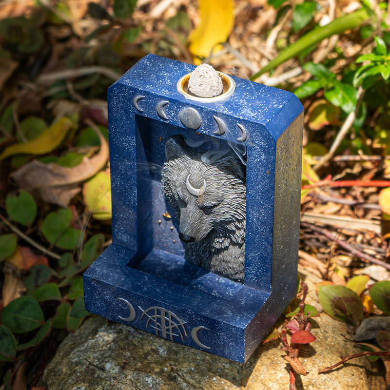 Backflow incense burner in blue with grey wolf and silver moons motif