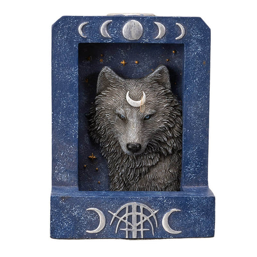 Backflow incense burner in blue with grey wolf and silver moons motif