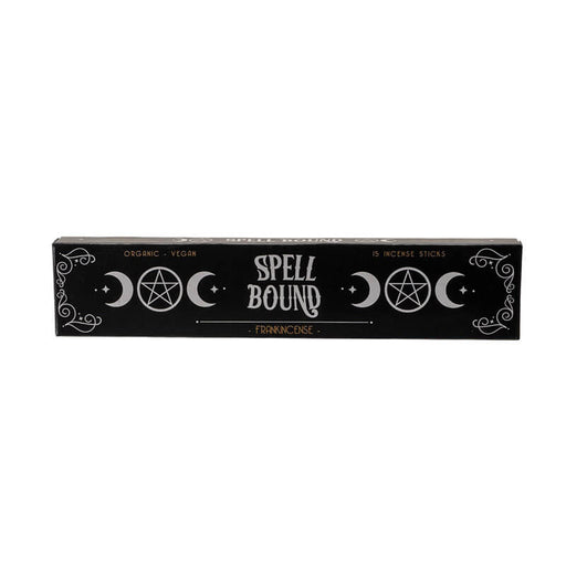 Box of 15 Spell Bound Frankincense Incense Sticks, organic and vegan. Box is black and decorated with moons and pentacles.