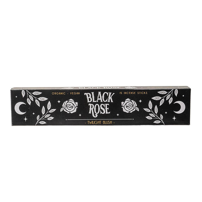 Black Rose Twilight Blush incense sticks, 15 count, Organic & Vegan. Black box has leaf, moon and rose designs