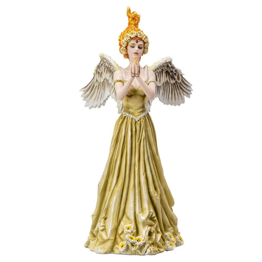Figurine of lady with feathered angel wings and fire hair with flower adorned pale green dress