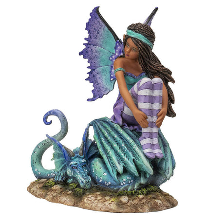 Figurine of fairy with braided hair, aqua and purple outfit sitting with teal and blue dragon