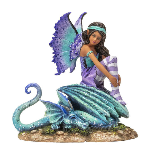 Figurine of fairy with braided hair, aqua and purple outfit sitting with teal and blue dragon