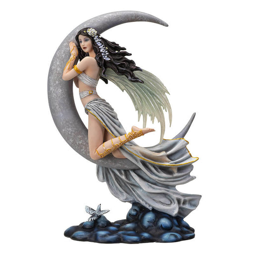 Fairy figurine based on Nene Thomas artwork, dark haired pixie perched on a silver crescent moon with a dove and blue clouds