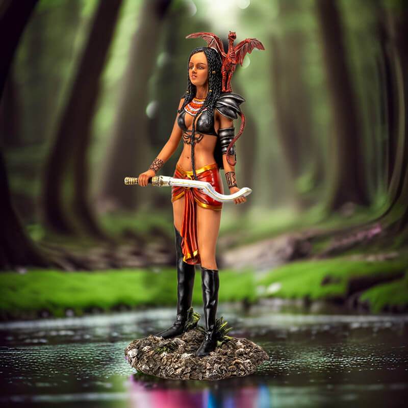 Figurine of a tanned skin woman with dark braided hair wearing black and red, holding a weapon with a ruby dragon on her shoulder