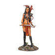 Figurine of a tanned skin woman with dark braided hair wearing black and red, holding a weapon with a ruby dragon on her shoulder