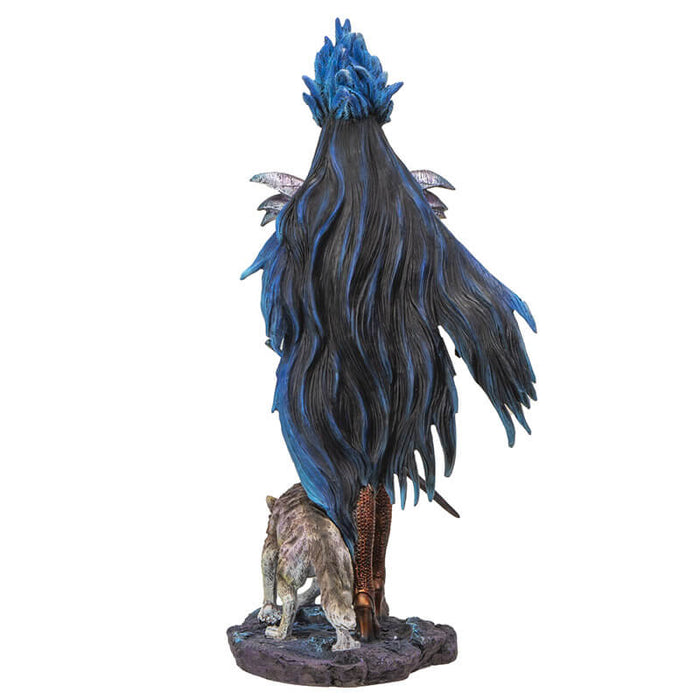 Figurine of a woman in a bodysuit with long flowing black-blue hair striding forth with a sword and a wolf at her side. Shown from the back