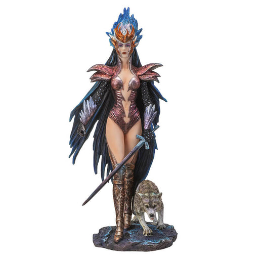 Figurine of a woman in a bodysuit with long flowing black-blue hair striding forth with a sword and a wolf at her side