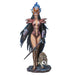 Figurine of a woman in a bodysuit with long flowing black-blue hair striding forth with a sword and a wolf at her side