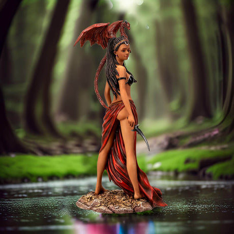 Figurine of tanned woman with dark hair standing with a knife, a red dragon perched on her shoulder.