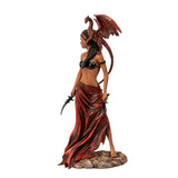 Figurine of tanned woman with dark hair standing with a knife, a red dragon perched on her shoulder.