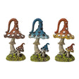 Set of three mushroom figurines in reddish brown, blue, and orange-yellow