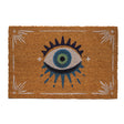 Natural hued doormat with all seeing eye desing in blue, green and white, with white border designs