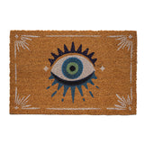 Natural hued doormat with all seeing eye desing in blue, green and white, with white border designs