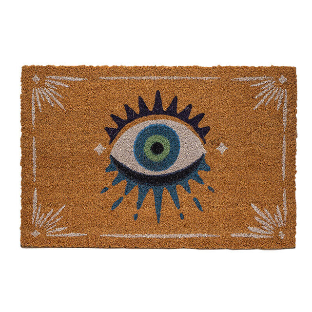 Natural hued doormat with all seeing eye desing in blue, green and white, with white border designs