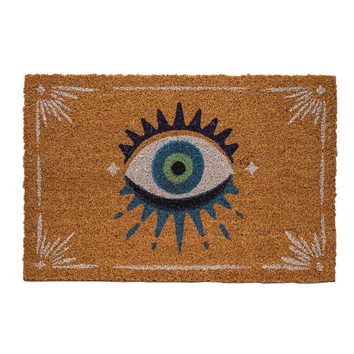Natural hued doormat with all seeing eye desing in blue, green and white, with white border designs