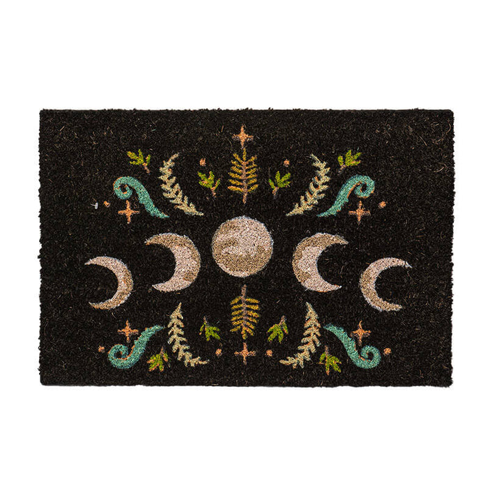Doormat featuring crescent & full moon phases with fern designs on black background.