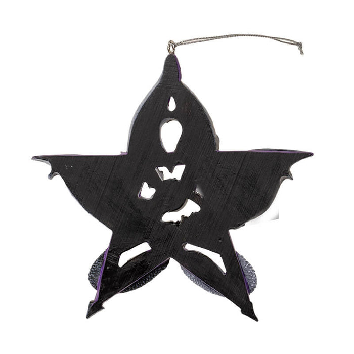 Ornament - Black and white dragon with silver orb against a purple pentacle  - back of it is black resin