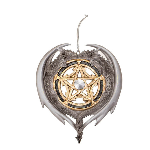 Ornament with two gray dragons framing a heart around a golden pentagram with silver center
