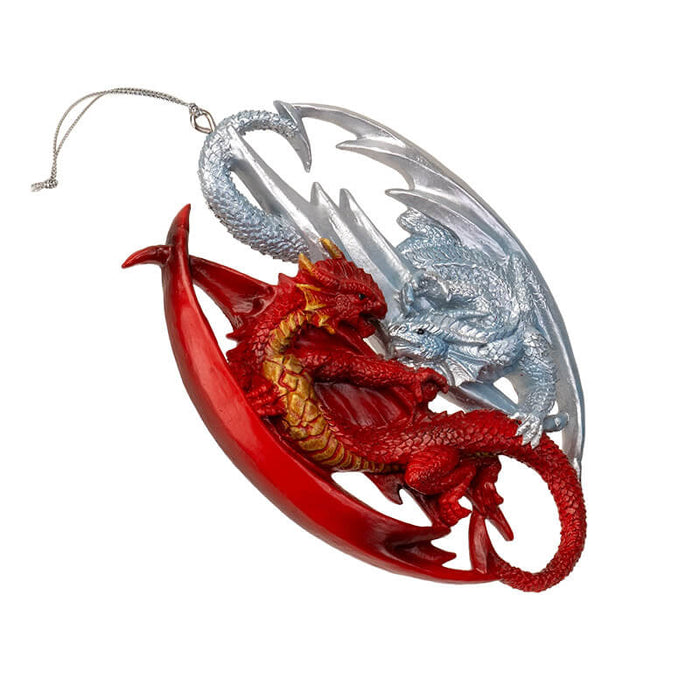 Ornament with red and silver dragons playing
