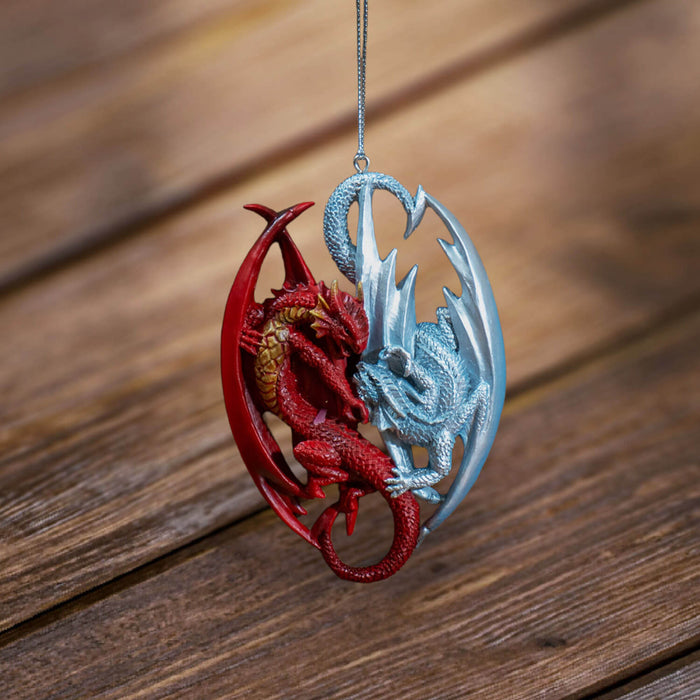 Ornament with red and silver dragons playing