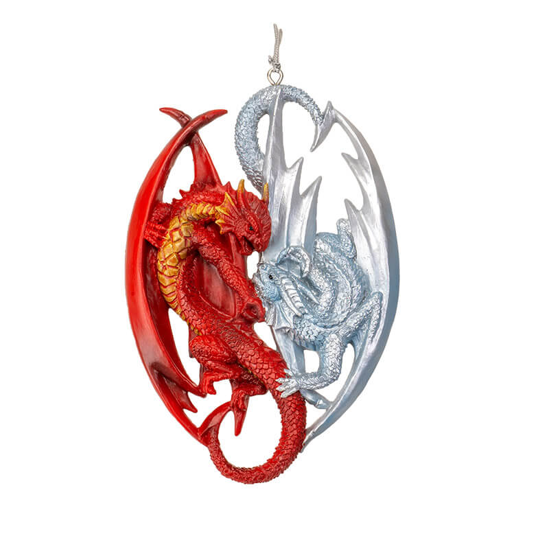 Ornament with red and silver dragons playing