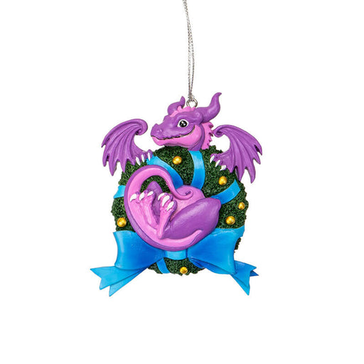 Ornament with purple and pink dragon in wreath with gold baubles and blue ribbon