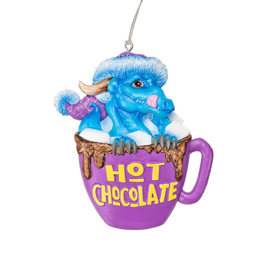 Ornament with blue dragon in purple hot chocolate mug with marshmallows and yellow lettering
