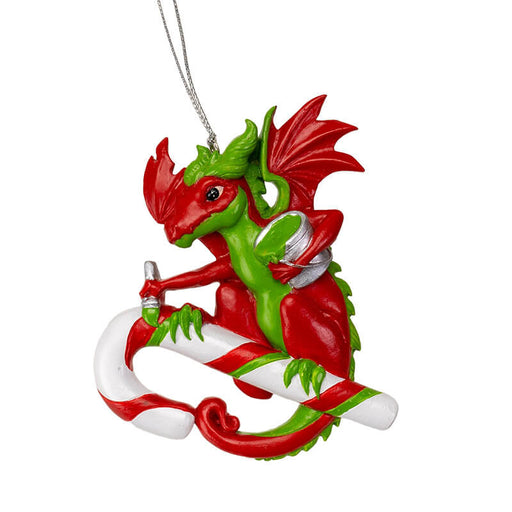 Ornament with red and green dragon painting stripes onto a candy cane