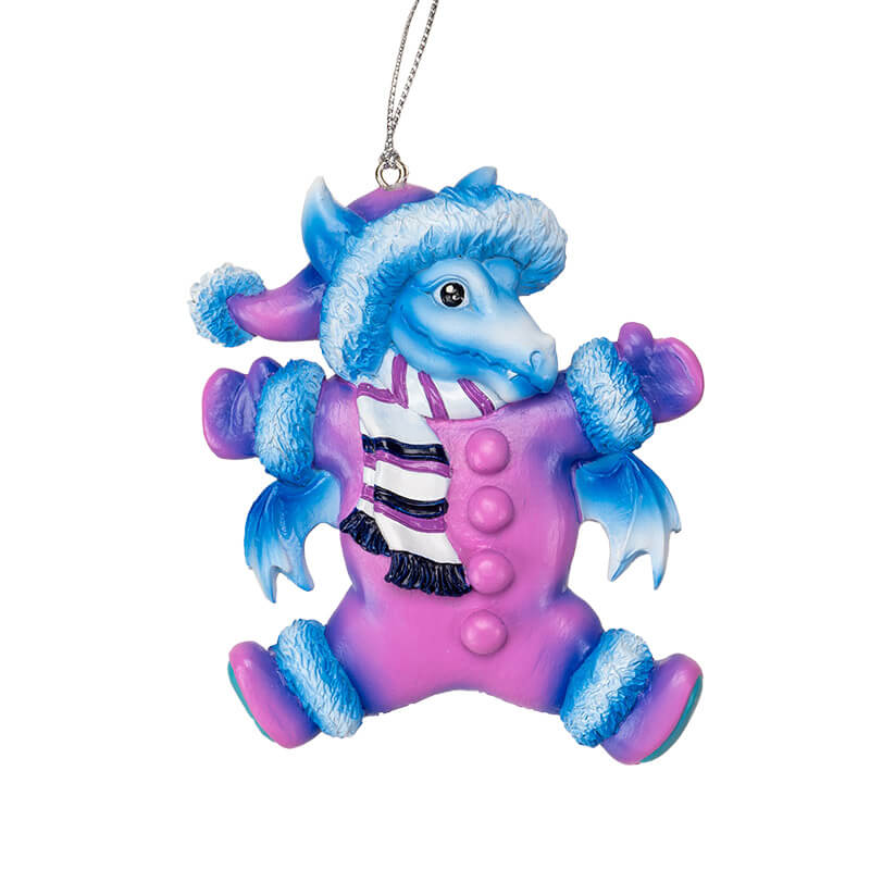 Blue dragon ornament in a purple snow suit with hat and scarf