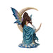 Brunette fairy in blue with blond child and rabbit sitting on crescent moon