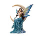 Brunette fairy in blue with blond child and rabbit sitting on crescent moon